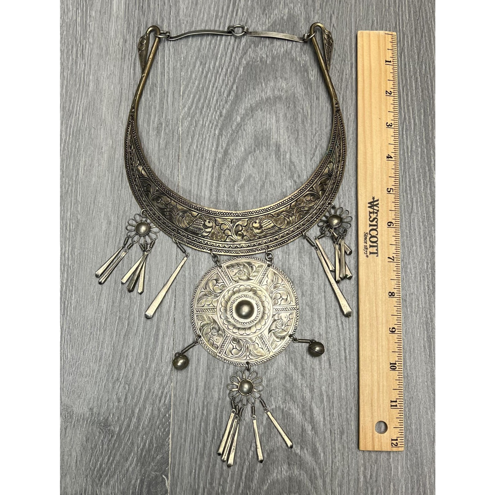 Tribal Boho Collar Statement Necklace Engraved Birds Medallion Dangles Bells - Picture 13 of 16
